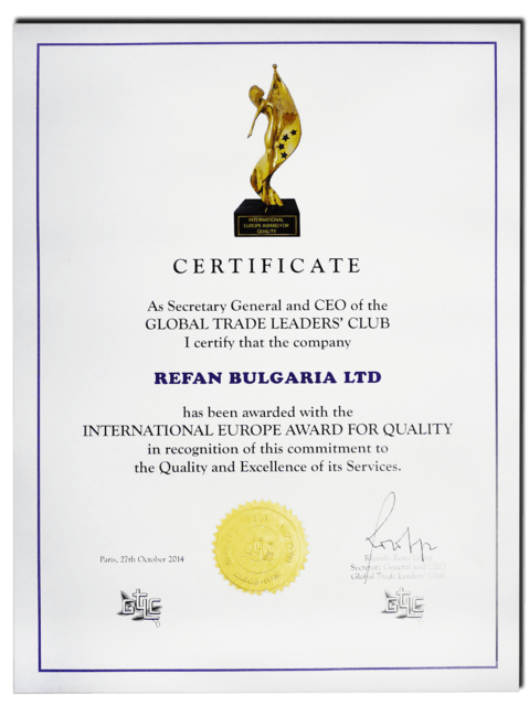 La Refan Bulgaria Ltd ha ricevuto il premio Internazionale European Quality Award.